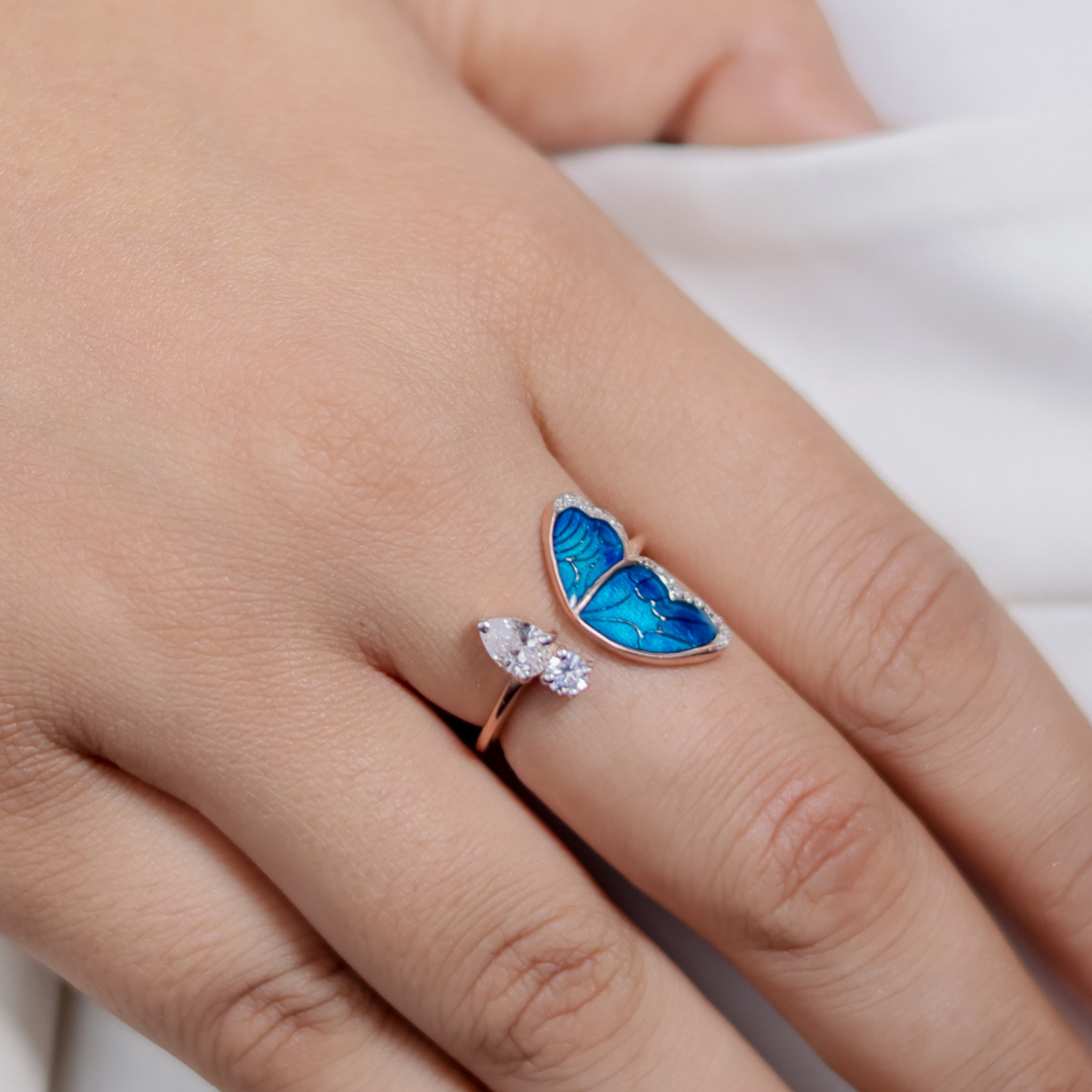 Colorful butterfly Open Ring For Her, Hallmarked 925 Sterling Silver Rose Gold - sitabo