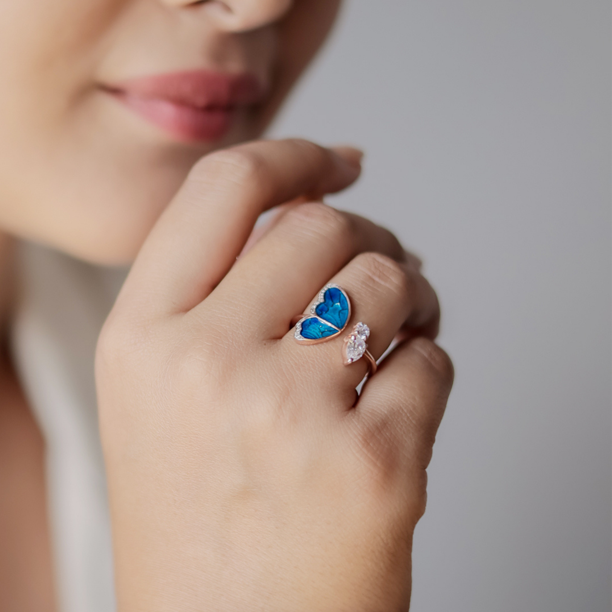 Colorful butterfly Open Ring For Her, Hallmarked 925 Sterling Silver Rose Gold - sitabo