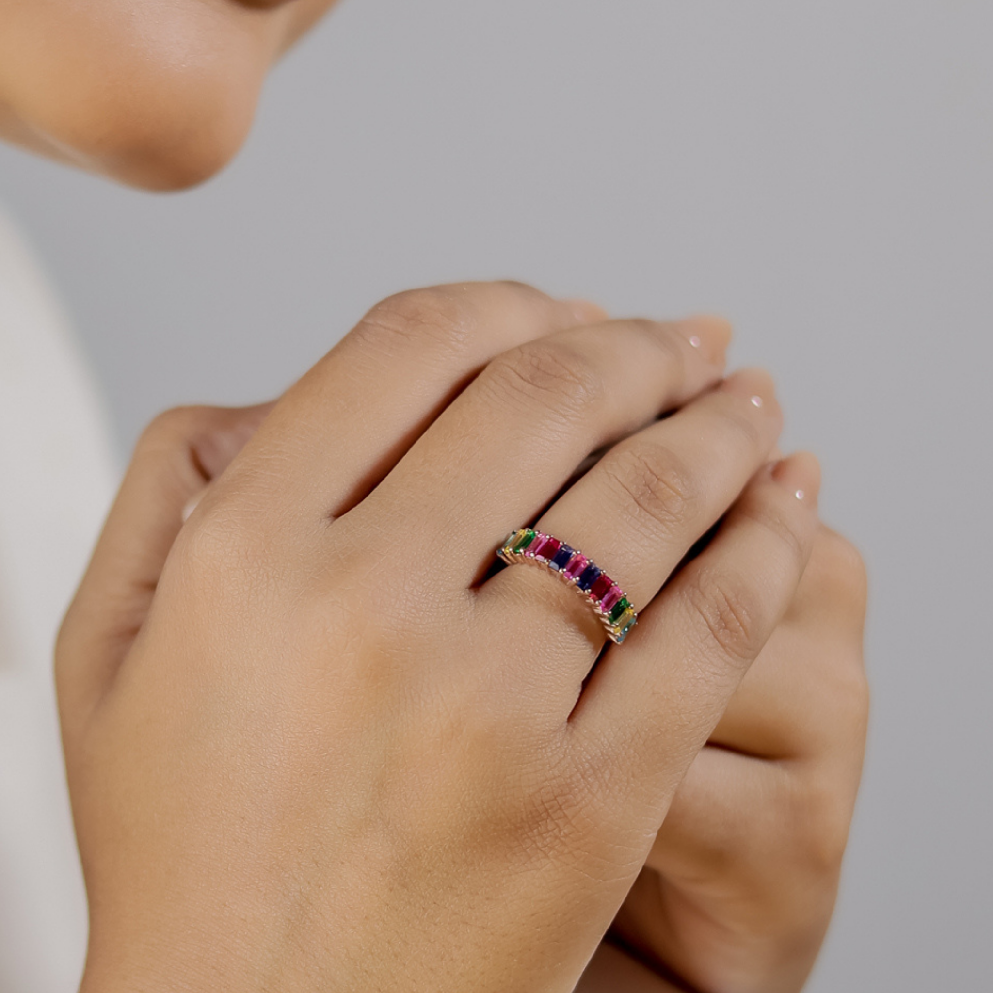 Baguette Cut Multi Sapphire Eternity Band Rose Gold Plated- Hallmarked 925 Sterling Silver - sitabo