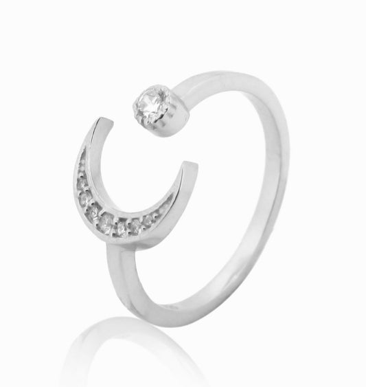 Moon And Sun Ring White Gold Plated- Hallmarked 925 Sterling Silver