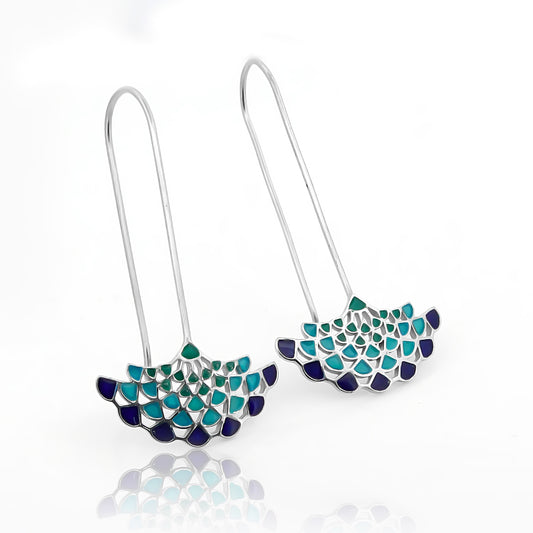 Peacock Hue Wired Modern Earrings For Women, Hallmarked 925 Sterling Silver