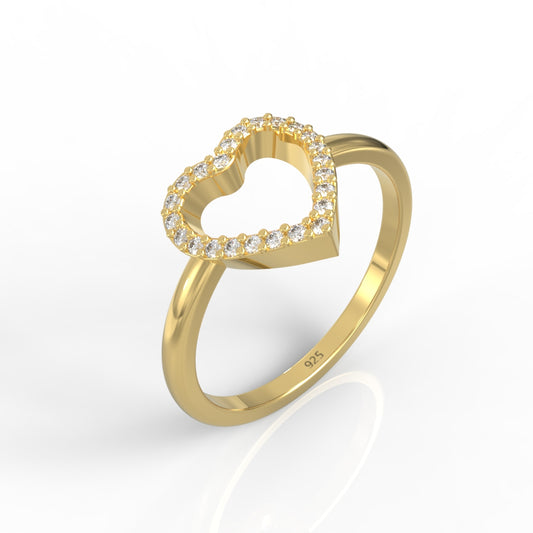 Fall in Love Heart Shaped Pave Ring- Hallmarked 925 Sterling Silver Yellow Gold - sitabo