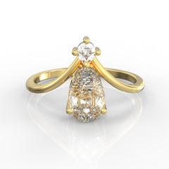 Asymmetric Pear Chevron Engagement Ring, Hallmarked 925 Sterling Silver Yellow Gold - sitabo