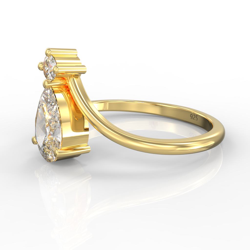 Asymmetric Pear Chevron Engagement Ring, Hallmarked 925 Sterling Silver Yellow Gold - sitabo