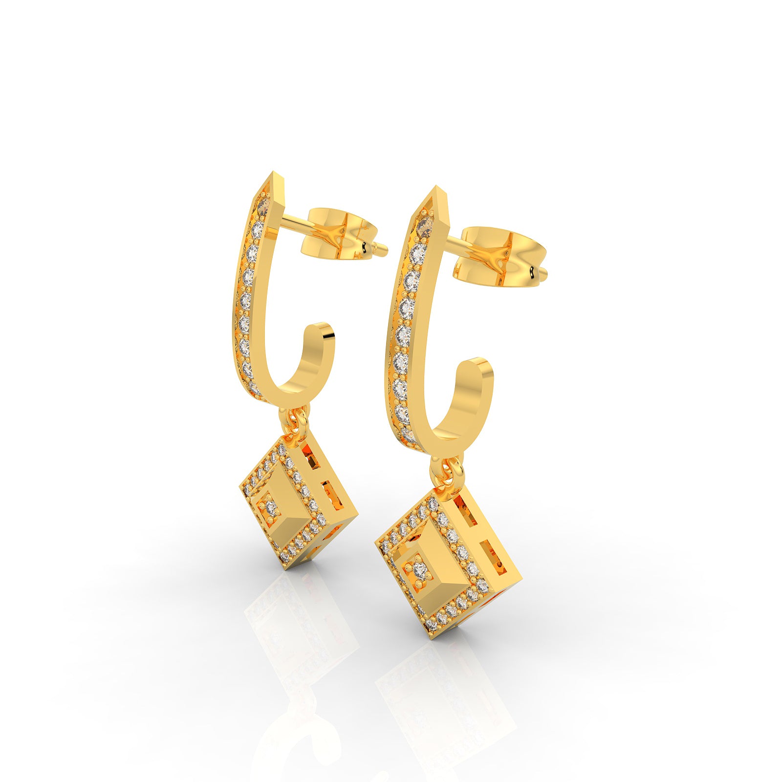 Square Clip On Dangle Party Wear Earrings, Hallmarked 925 Sterling Silver Yellow Gold - sitabo