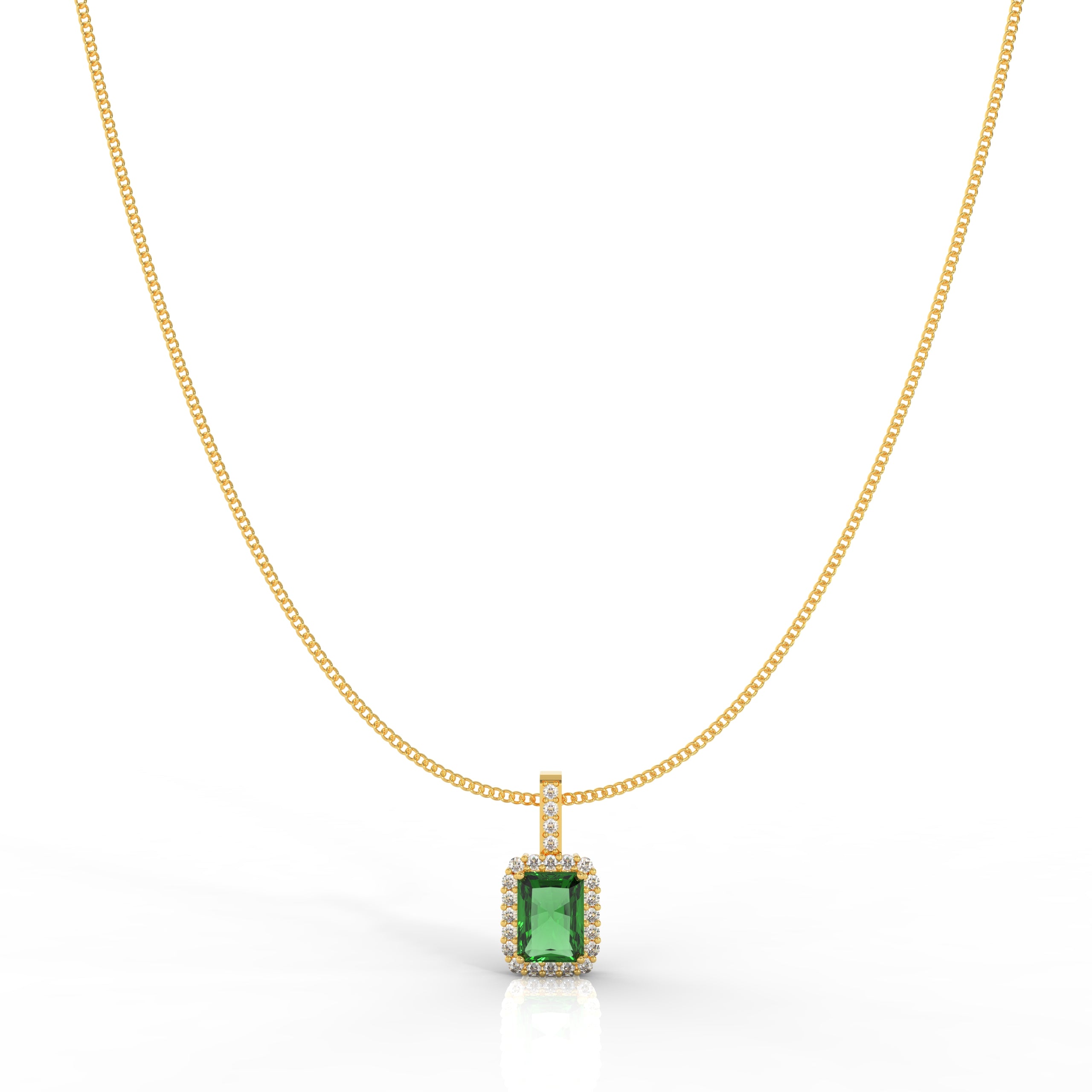 Octagon Cut Emerald Halo Pendant With Chain, Hallmarked 925 Sterling Silver - sitabo