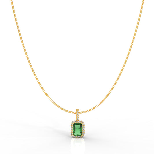 Octagon Cut Emerald Halo Pendant With Chain, Hallmarked 925 Sterling Silver - sitabo