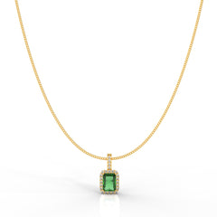 Octagon Cut Emerald Halo Pendant With Chain, Hallmarked 925 Sterling Silver - sitabo