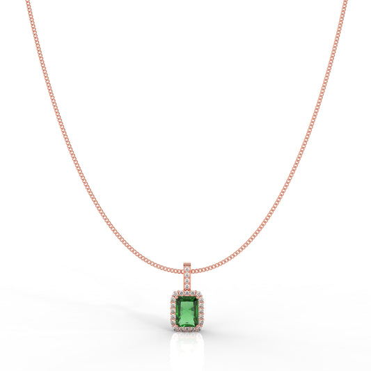 Octagon Cut Emerald Halo Pendant With Chain, Hallmarked 925 Sterling Silver - sitabo