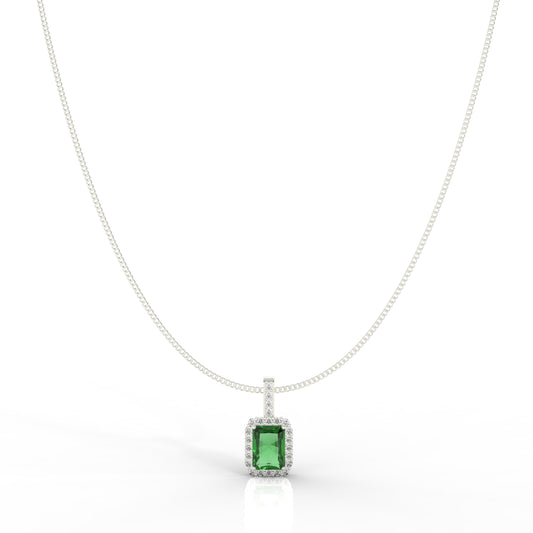 Octagon Cut Emerald Halo Pendant With Chain, Hallmarked 925 Sterling Silver - sitabo