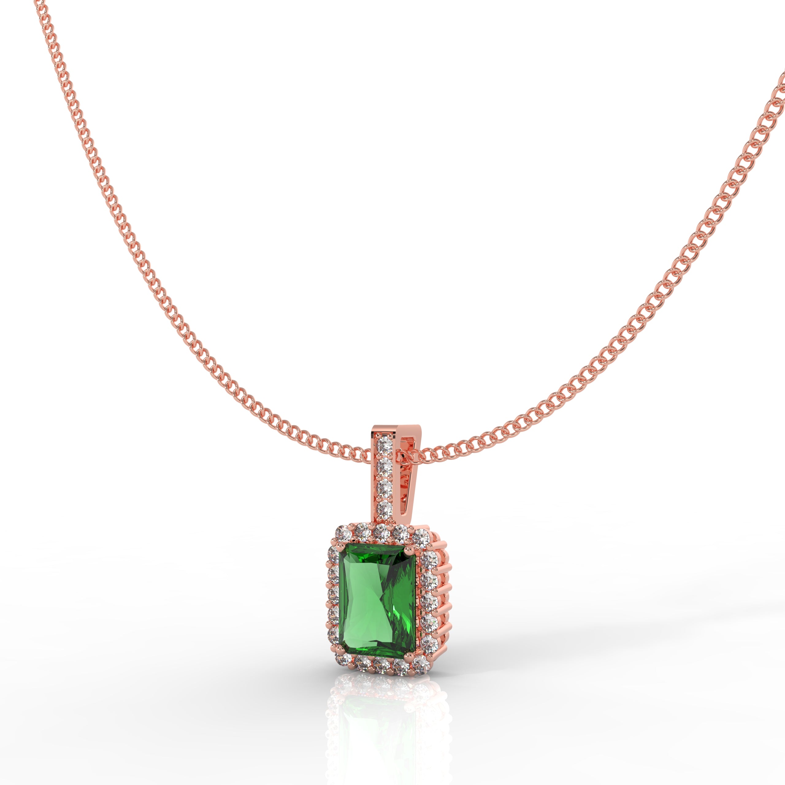 Octagon Cut Emerald Halo Pendant With Chain, Hallmarked 925 Sterling Silver - sitabo