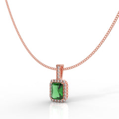 Octagon Cut Emerald Halo Pendant With Chain, Hallmarked 925 Sterling Silver - sitabo