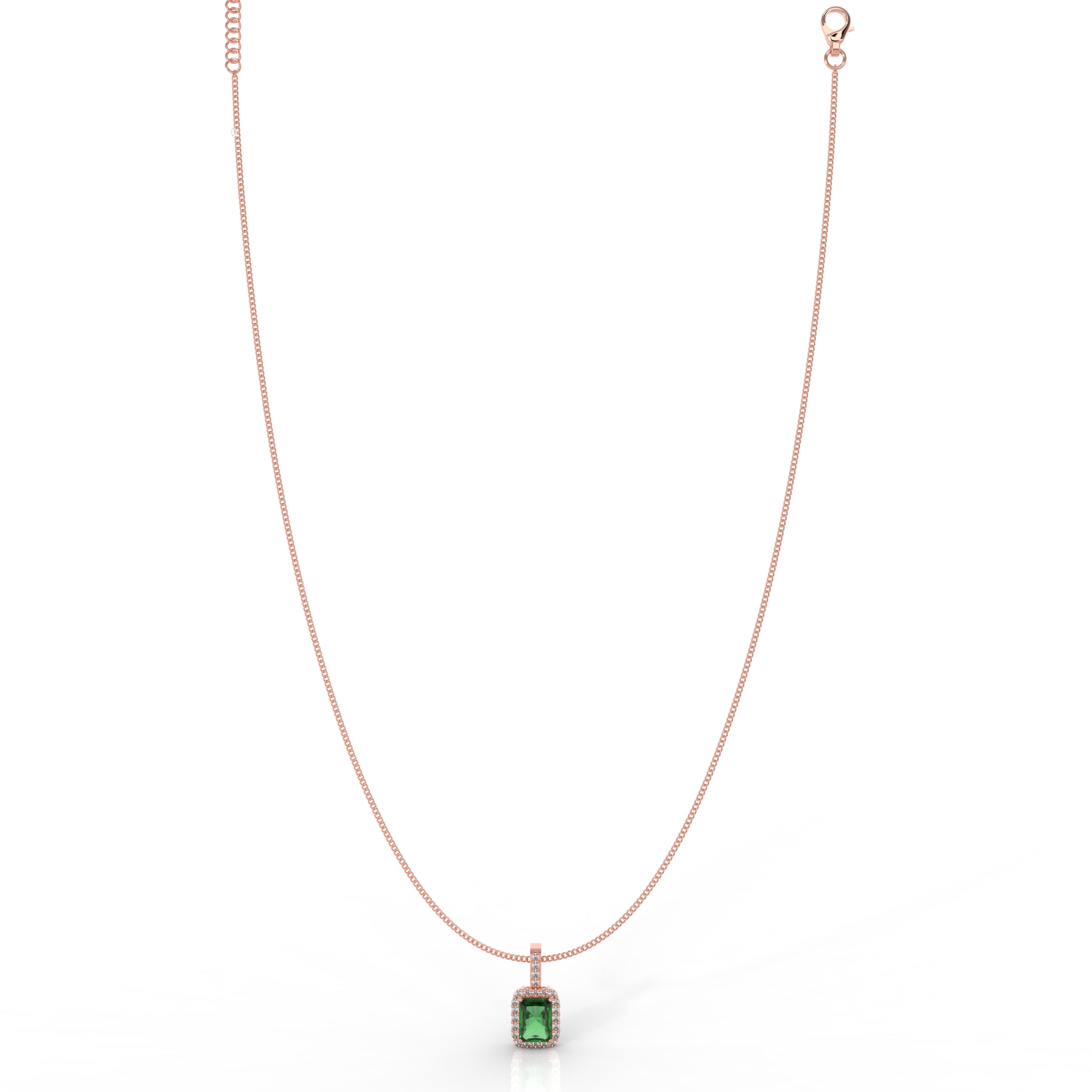 Octagon Cut Emerald Halo Pendant With Chain, Hallmarked 925 Sterling Silver - sitabo