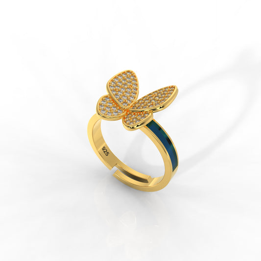 Personalized Butterfly Ring for Women – 18KT Yellow Gold Plated Blue Enamel, Hallmarked 925 Sterling Silver, Perfect for Every Occasion