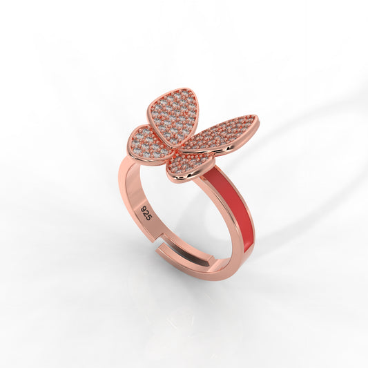 Personalized Butterfly Ring for Women – Hallmarked 925 Sterling Silver with Rose Gold Plating and Red Enamel, Perfect for Every Occasion