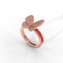 Personalized Butterfly Ring for Women – Hallmarked 925 Sterling Silver with Rose Gold Plating and Red Enamel, Perfect for Every Occasion