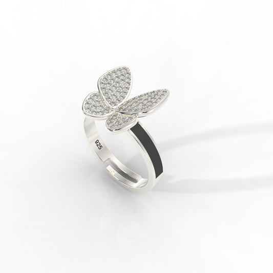 Women’s Personalized Butterfly Ring – Hallmarked 925 Sterling Silver, White Gold Plated with Black Enamel | Elegant & Customizable Jewelry for Every Occasion