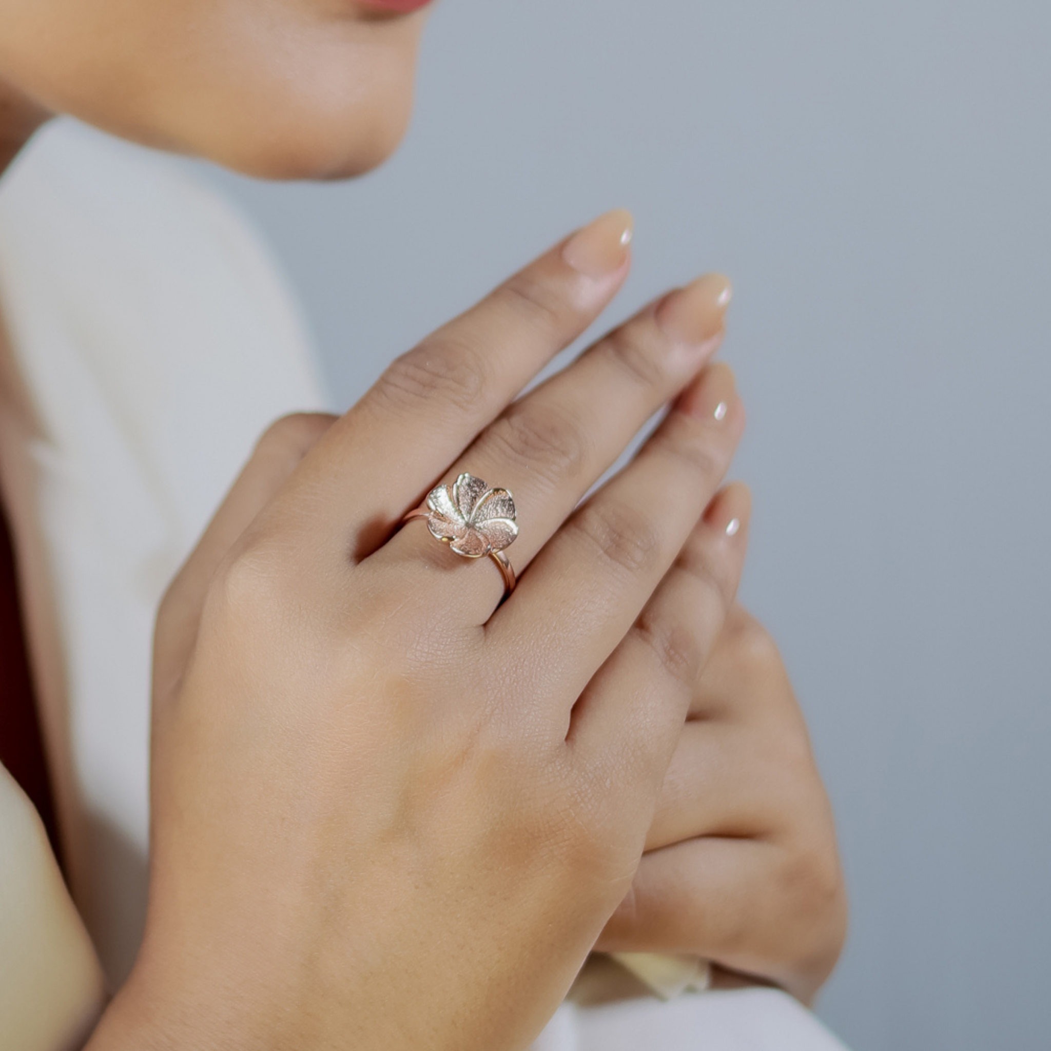 Rose Gold Hawaiian Flower Petal Ring, Hallmarked 925 Sterling Silver Rose Gold