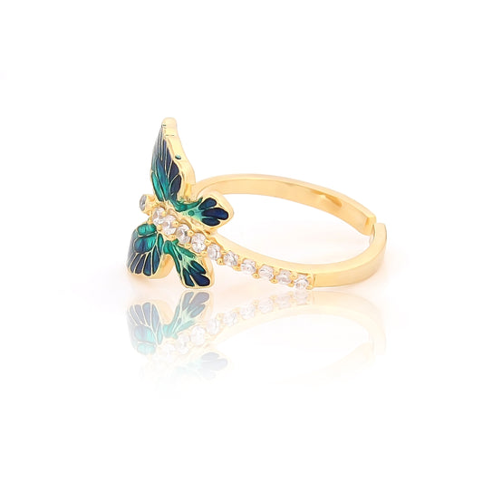 Beautiful Dream Butterfly Ring – Blue & Green Enamel, Gold Plated | Elegant Party Wear Jewelry