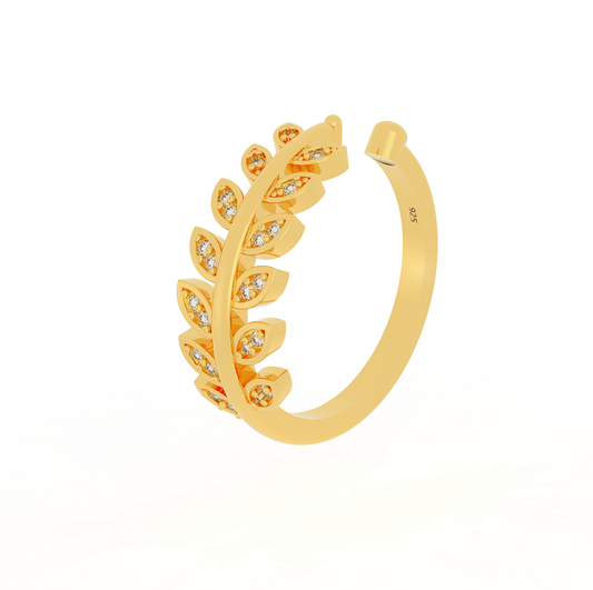 Desiring Leaf Pattern Open Ring Yellow Gold Plated- Hallmarked 925 Sterling Silver Yellow Gold - sitabo