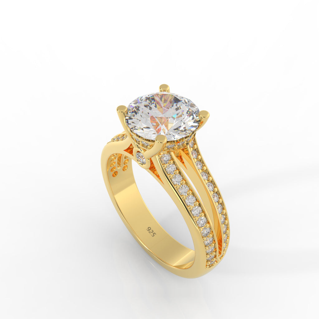 Solitaire Engagement Chunky Ring, Hallmarked 925 Sterling Silver Yellow Gold