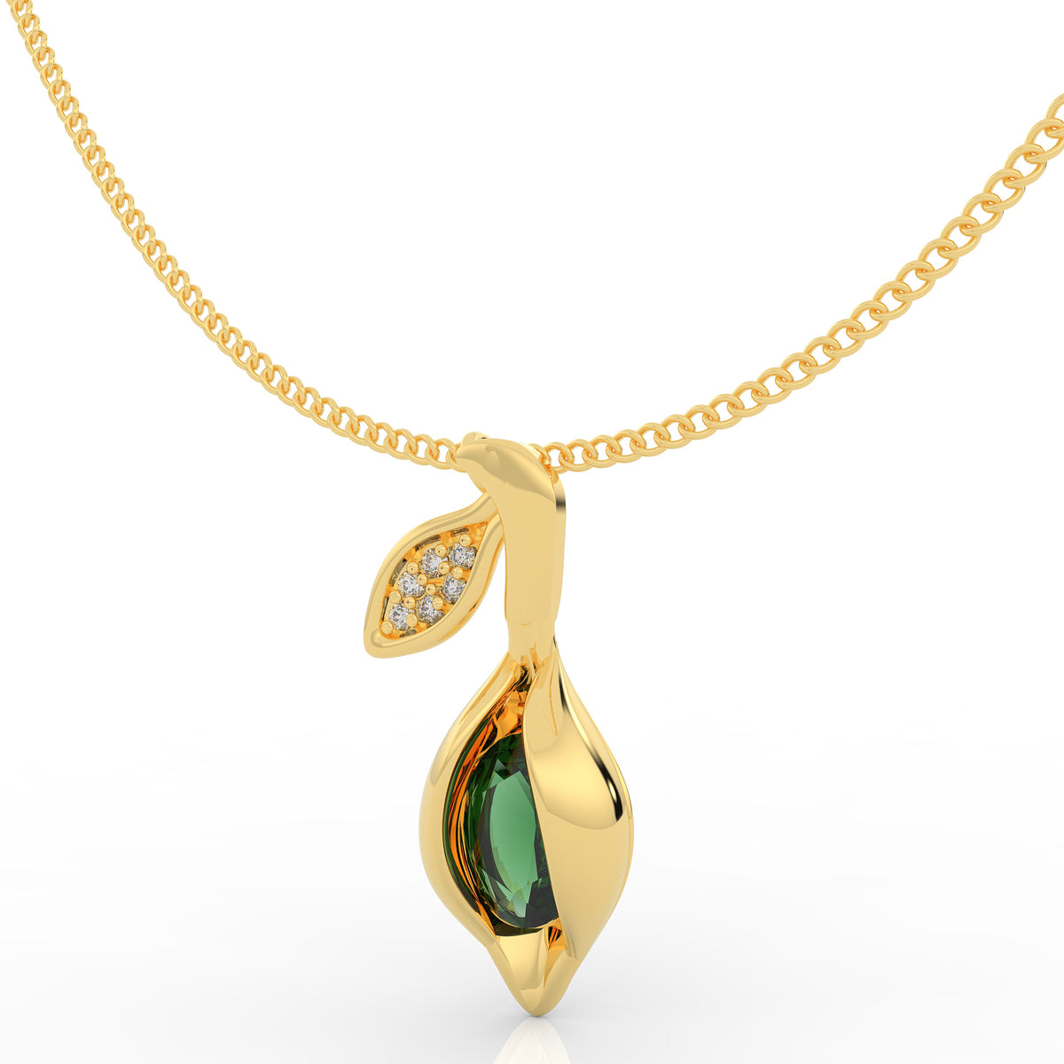 Refined Green Gemstone Leaf Pendant With Chain, Hallmarked 925 Sterling Silver