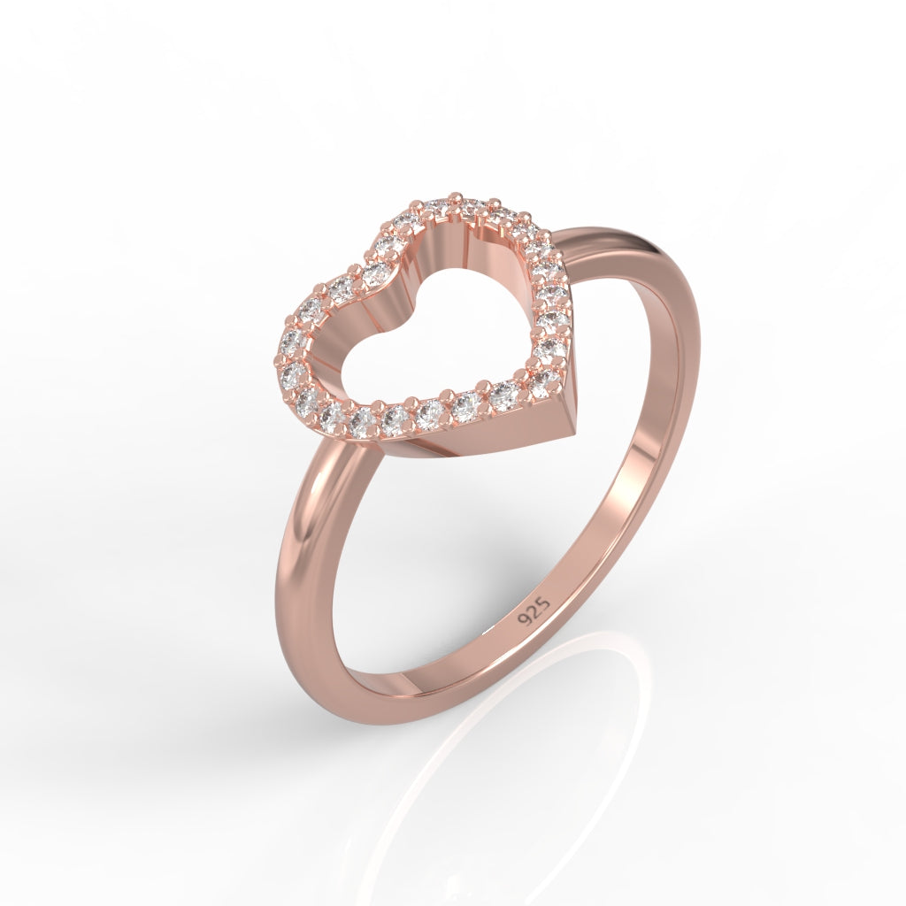 Fall in Love Heart Shaped Pave Ring- Hallmarked 925 Sterling Silver Rose Gold