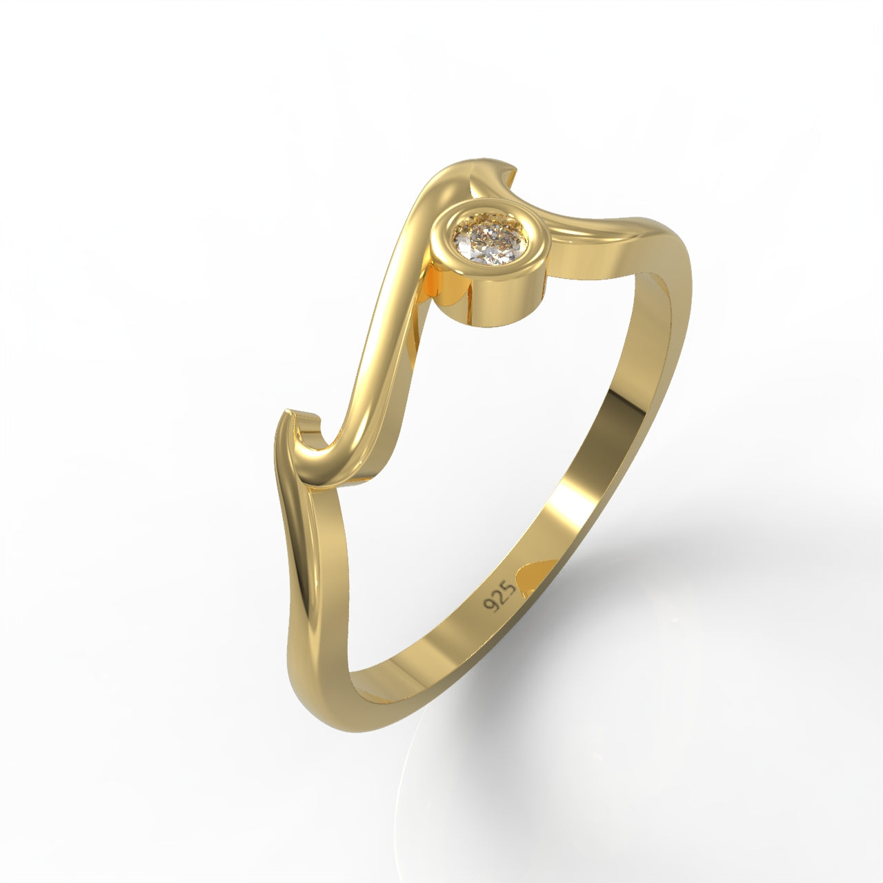 Ocean Wave Cubic Zircon Ring Yellow Gold Plated- Hallmarked 925 Sterling Silver Yellow Gold