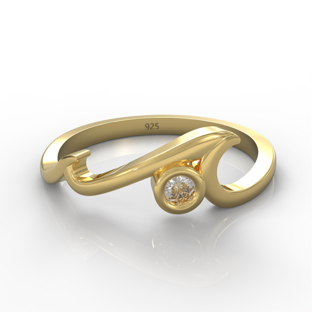 Ocean Wave Cubic Zircon Ring Yellow Gold Plated- Hallmarked 925 Sterling Silver Yellow Gold