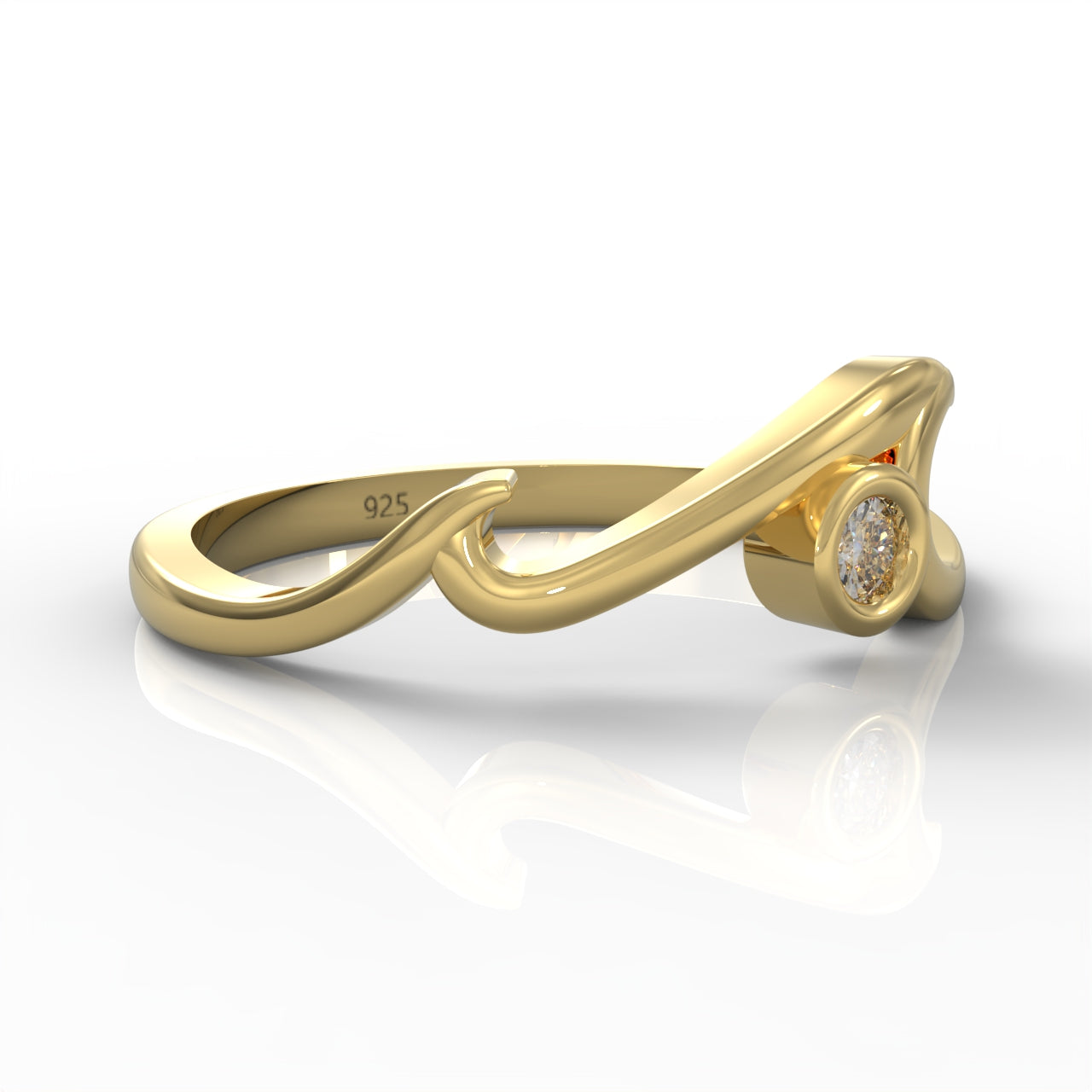 Ocean Wave Cubic Zircon Ring Yellow Gold Plated- Hallmarked 925 Sterling Silver Yellow Gold