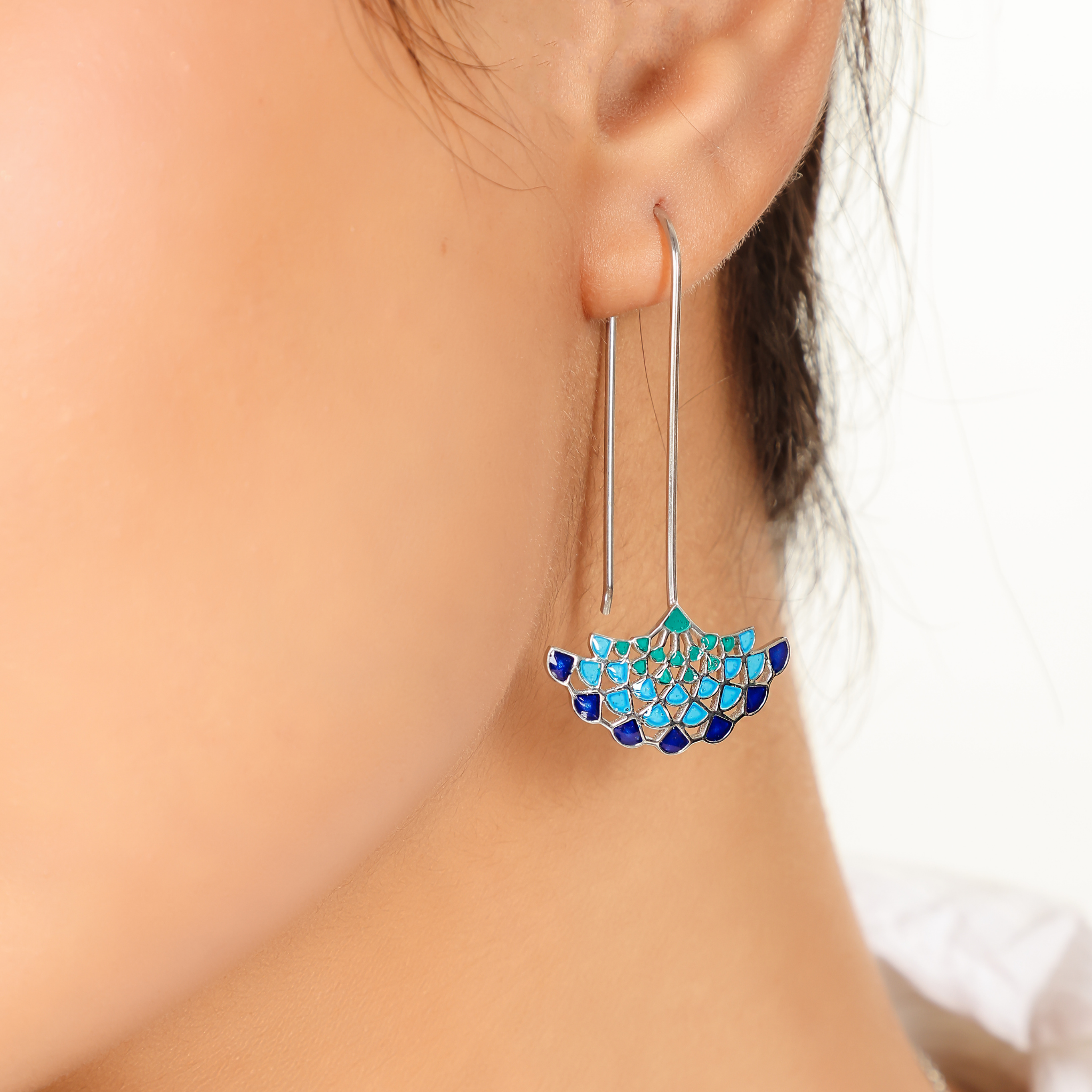 Peacock Hue Wired Modern Earrings For Women, Hallmarked 925 Sterling Silver sterlyn 925