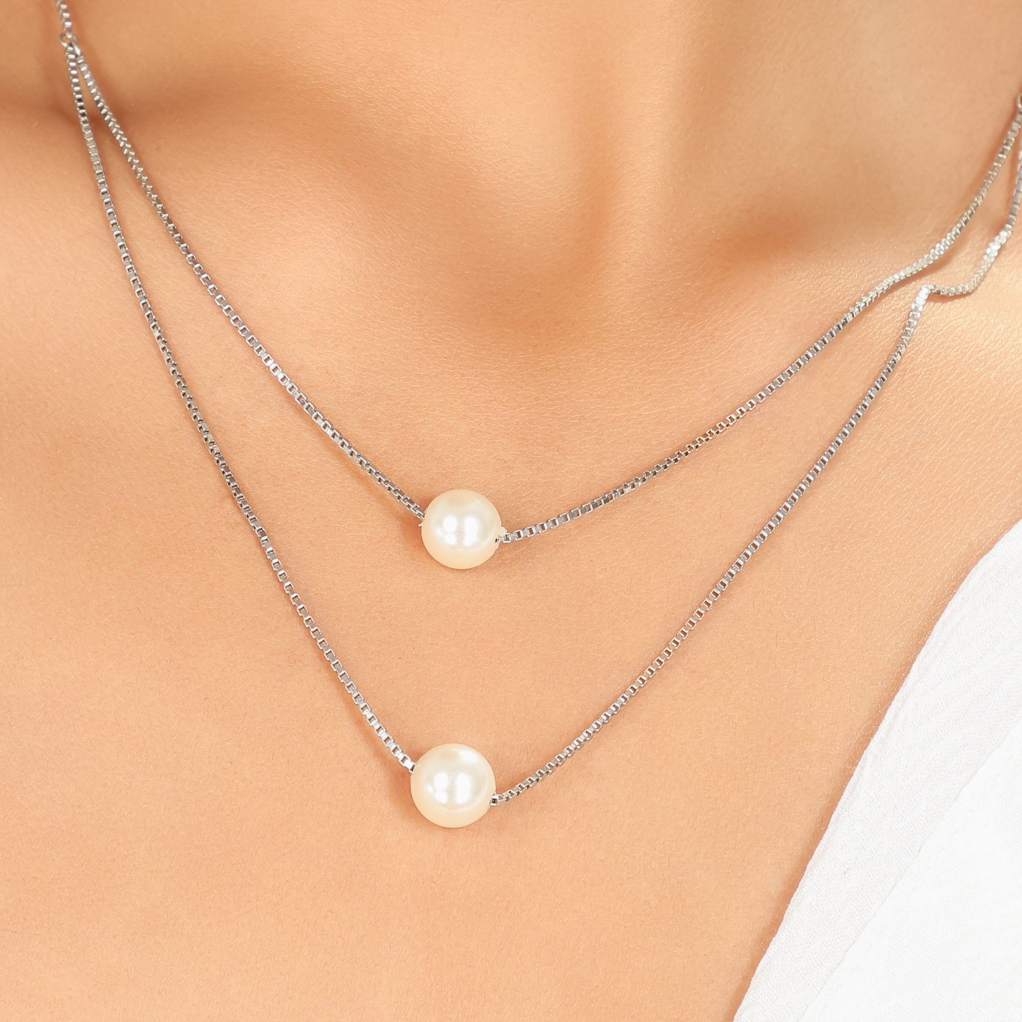 Pearl Double Layered Chain Necklace, Hallmarked 925 Sterling Silver sterlyn 925