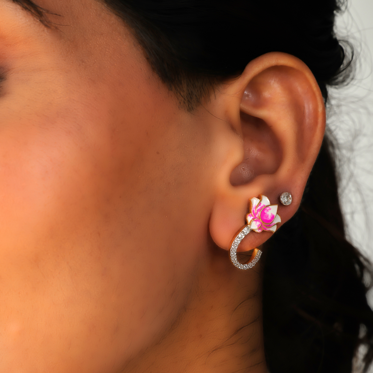 Pink Brahma Kamal Stud Earrings For Diwali Gifting, Hallmarked 925 Sterling Silver sterlyn 925