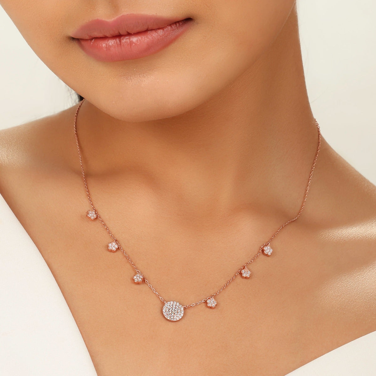 Shine Bright Moon&Star Circle Charm Sterling Silver Delicate Necklace 18KT Rose Gold shiny Necklace sterlyn 925