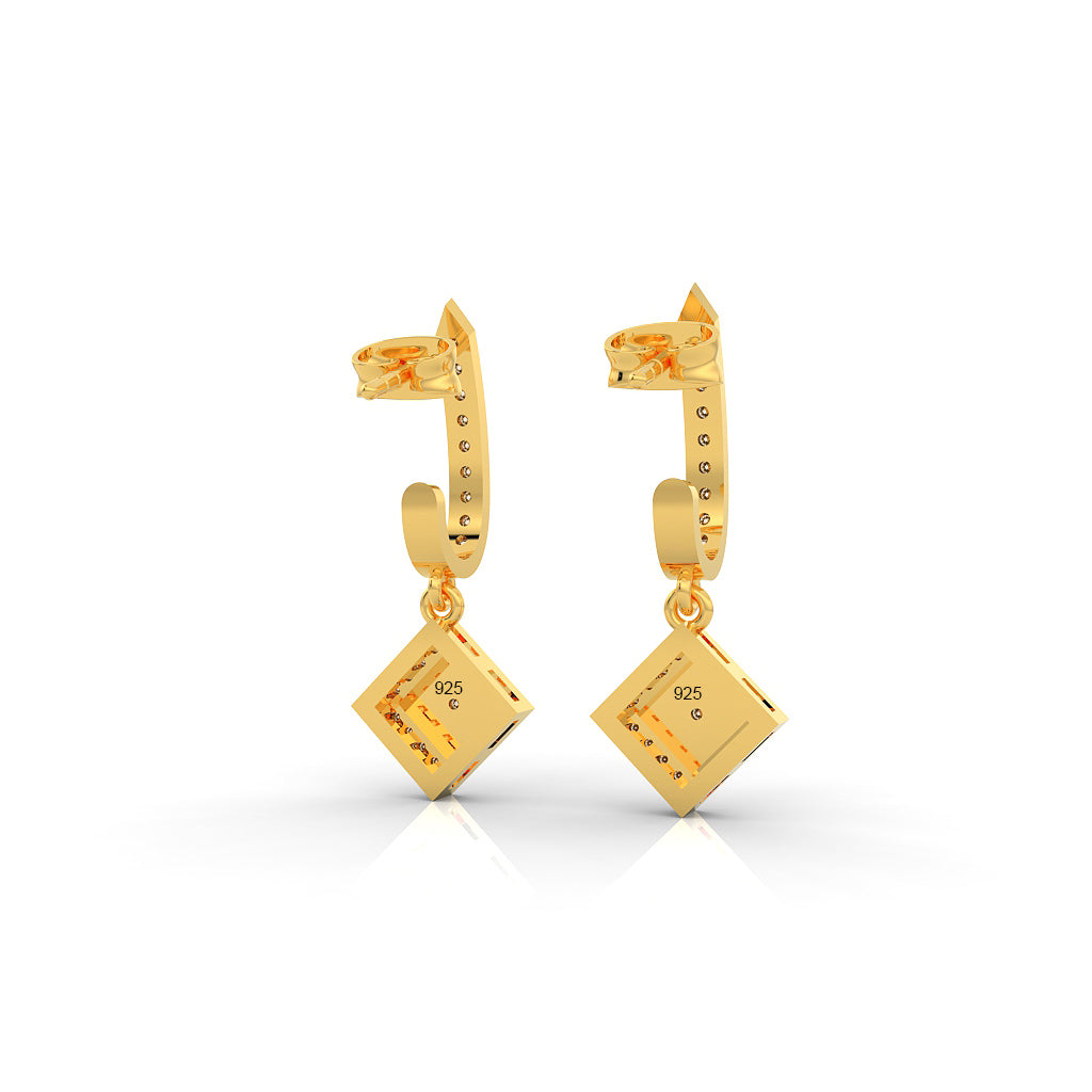 Square Clip On Dangle Party Wear Earrings, Hallmarked 925 Sterling Silver Yellow Gold