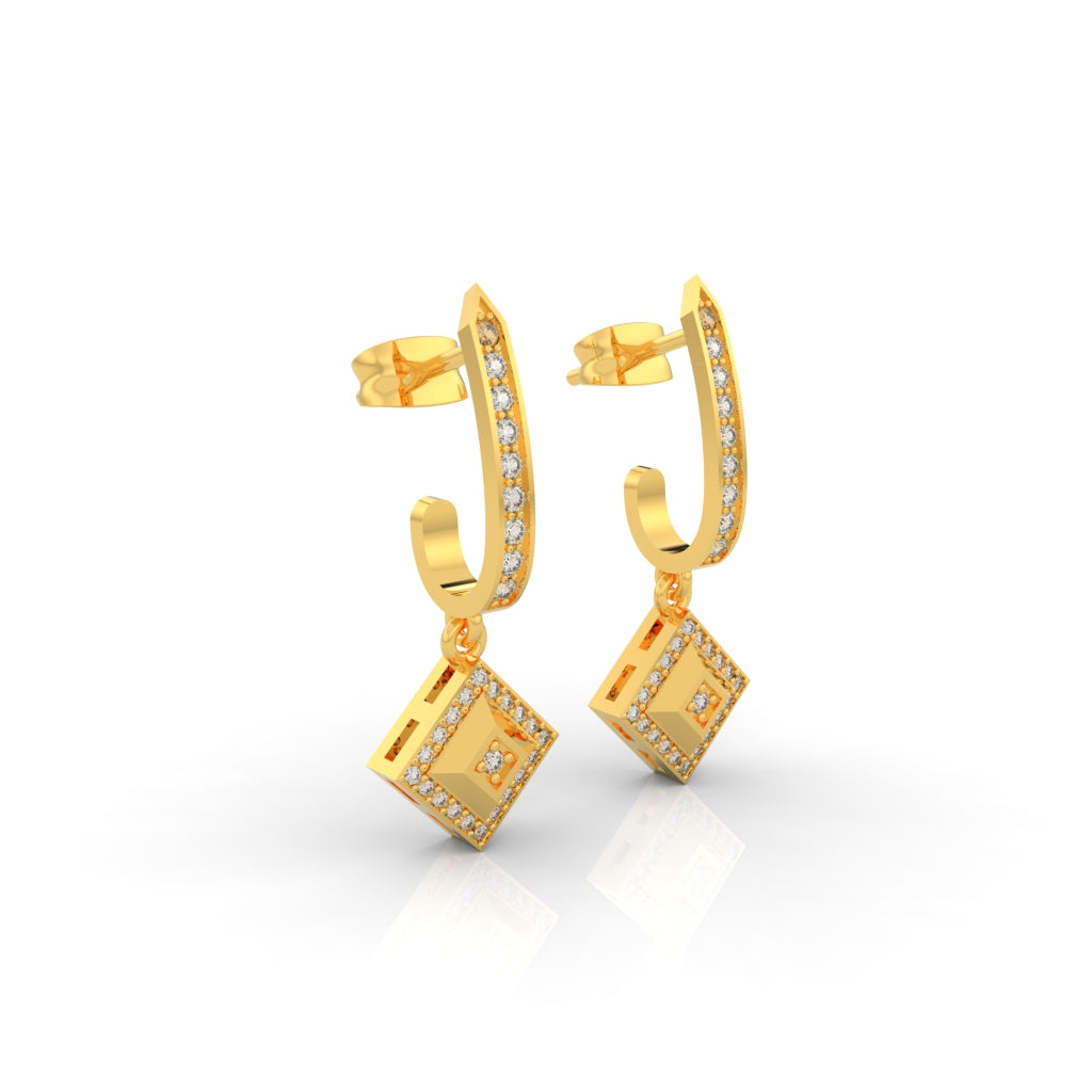 Square Clip On Dangle Party Wear Earrings, Hallmarked 925 Sterling Silver Yellow Gold