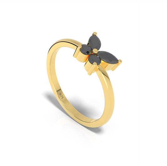 Black Butterfly Chunky Ring Yellow Gold Plated- Hallmarked 925 Sterling Silver Yellow Gold - sitabo