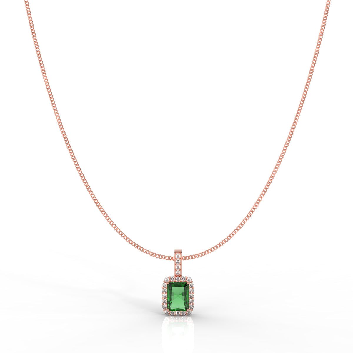 Octagon Cut Emerald Halo Pendant With Chain, Hallmarked 925 Sterling Silver