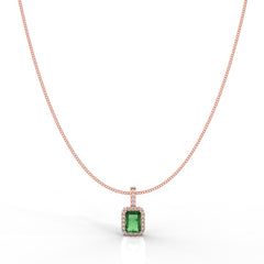 Octagon Cut Emerald Halo Pendant With Chain, Hallmarked 925 Sterling Silver