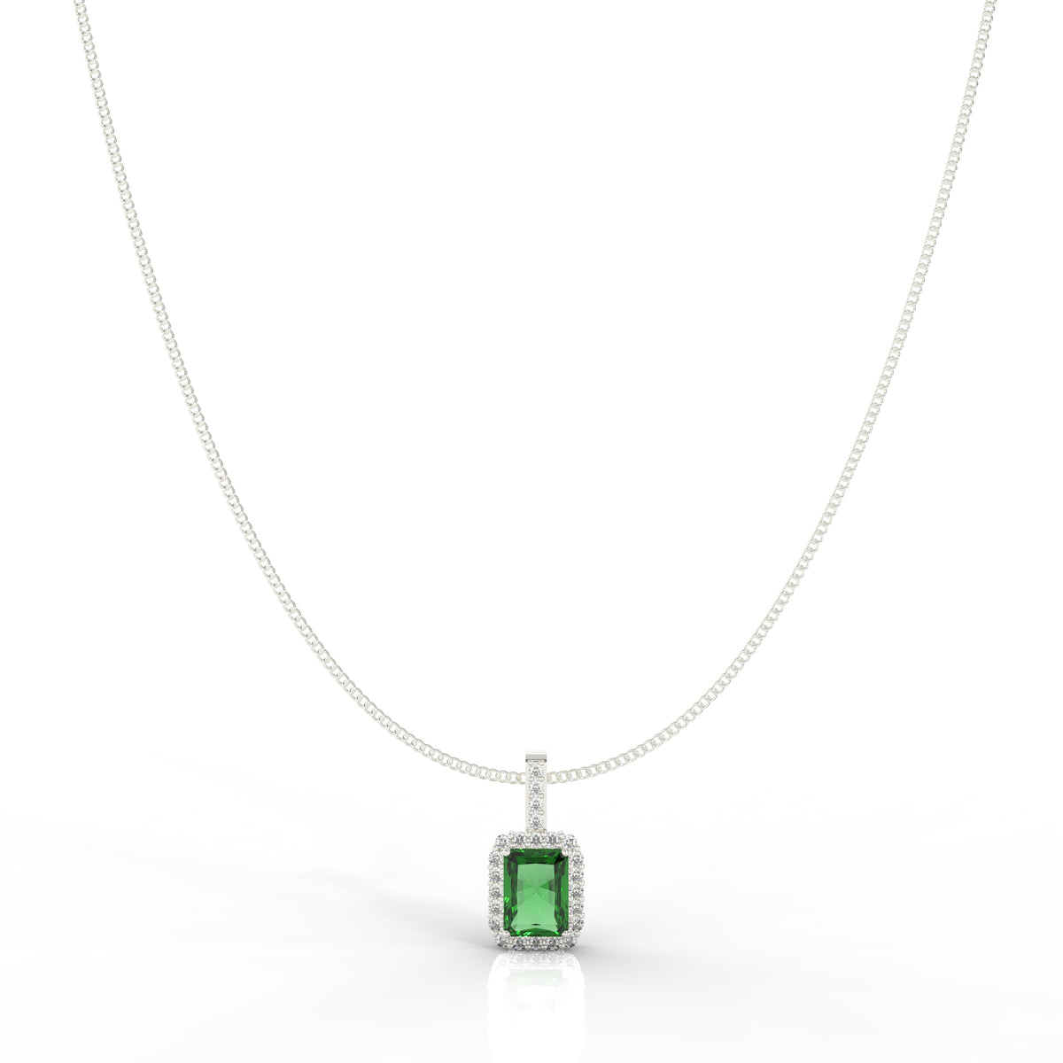 Octagon Cut Emerald Halo Pendant With Chain, Hallmarked 925 Sterling Silver