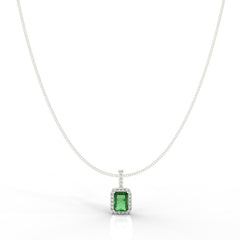 Octagon Cut Emerald Halo Pendant With Chain, Hallmarked 925 Sterling Silver