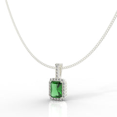 Octagon Cut Emerald Halo Pendant With Chain, Hallmarked 925 Sterling Silver