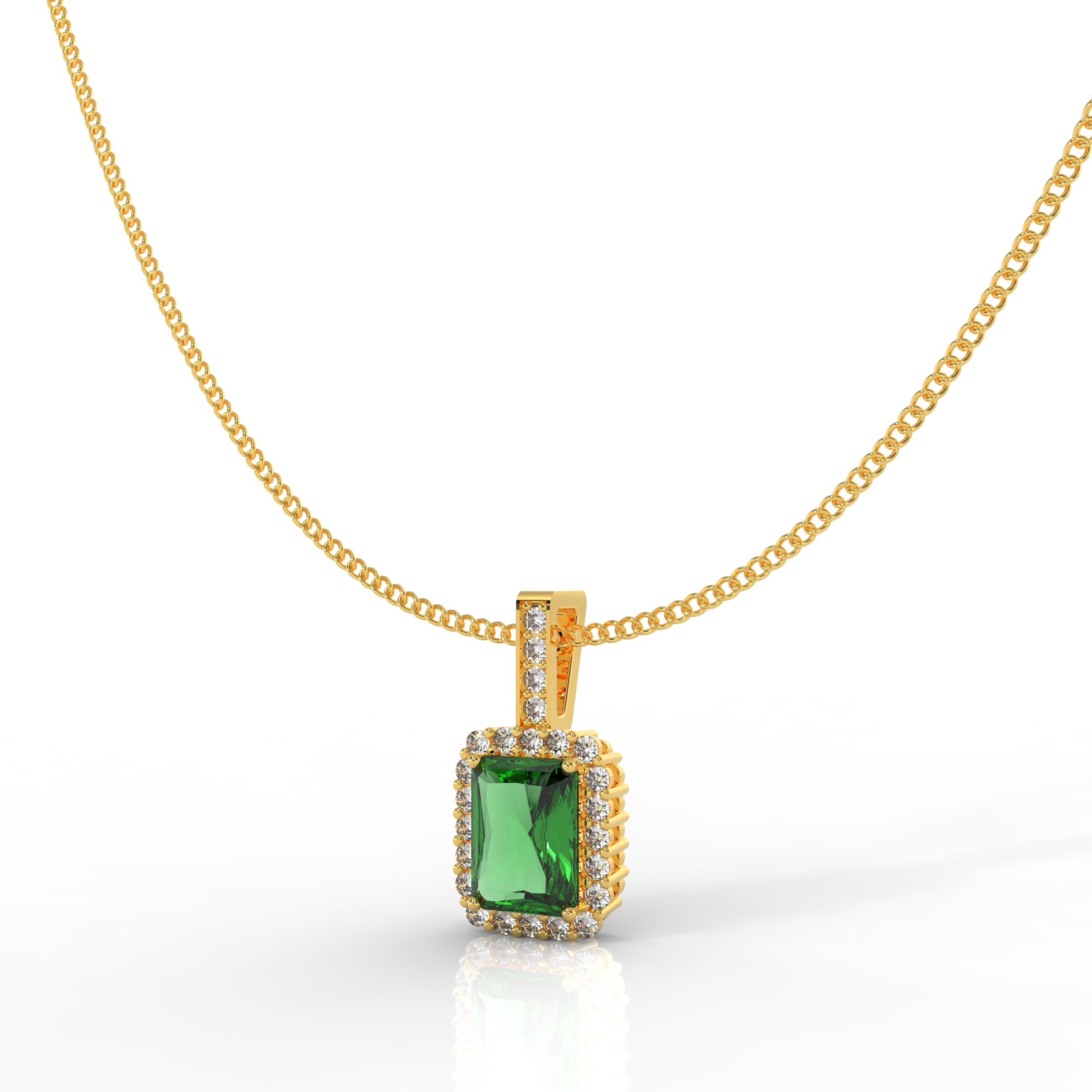 Octagon Cut Emerald Halo Pendant With Chain, Hallmarked 925 Sterling Silver