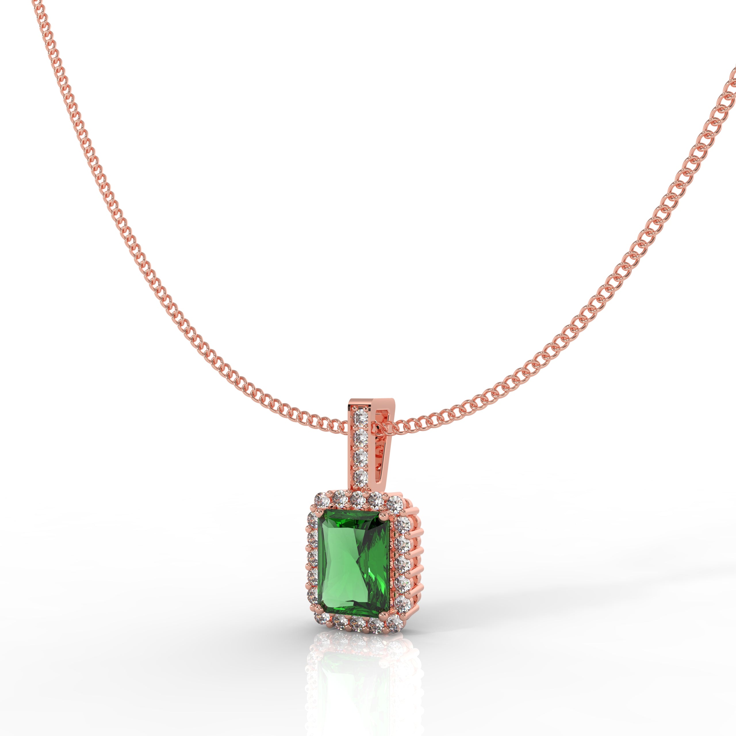 Octagon Cut Emerald Halo Pendant With Chain, Hallmarked 925 Sterling Silver