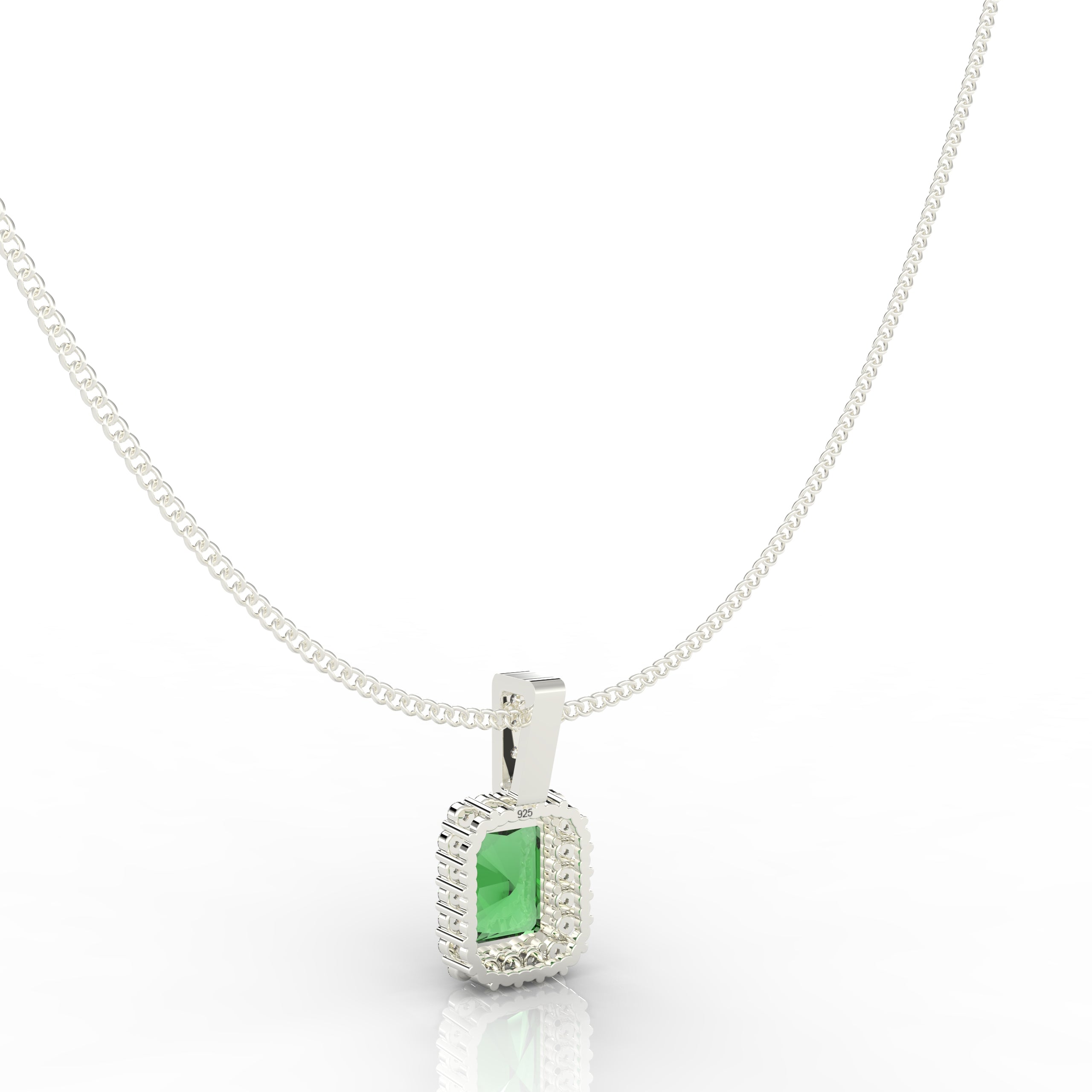 Octagon Cut Emerald Halo Pendant With Chain, Hallmarked 925 Sterling Silver