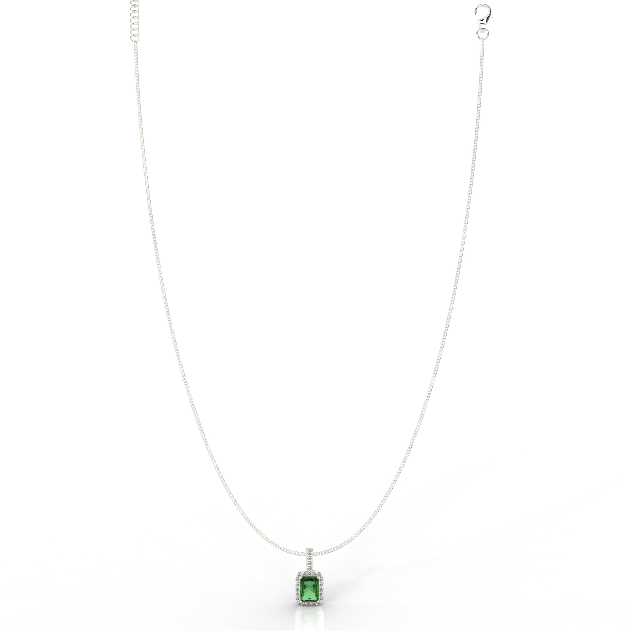 Octagon Cut Emerald Halo Pendant With Chain, Hallmarked 925 Sterling Silver