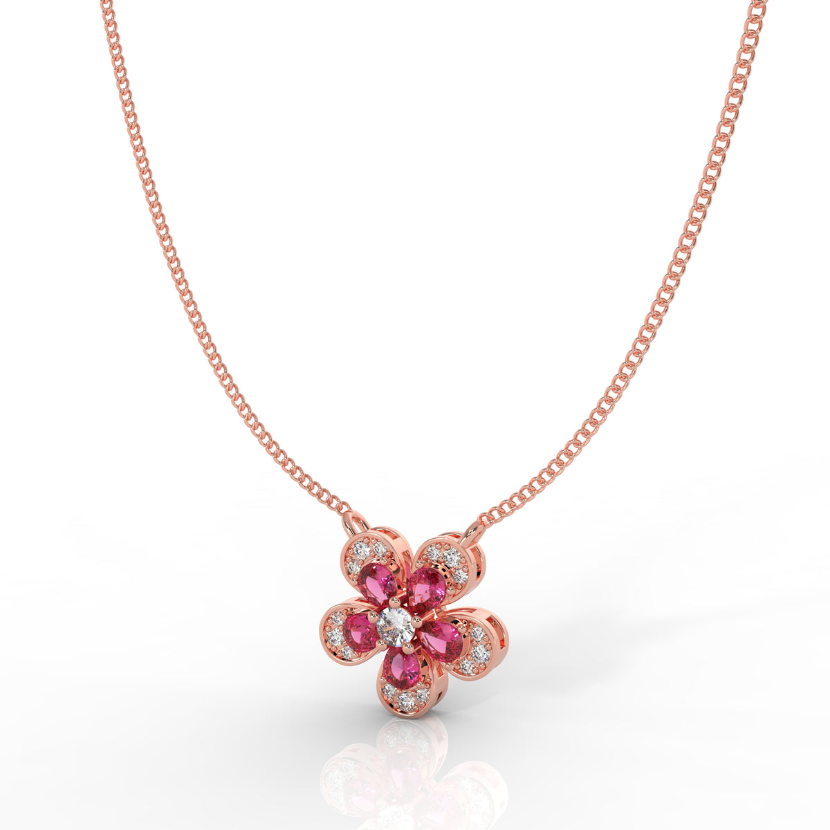 Daisy Flower Ruby Pendant With Chain, Hallmarked 925 Sterling Silver