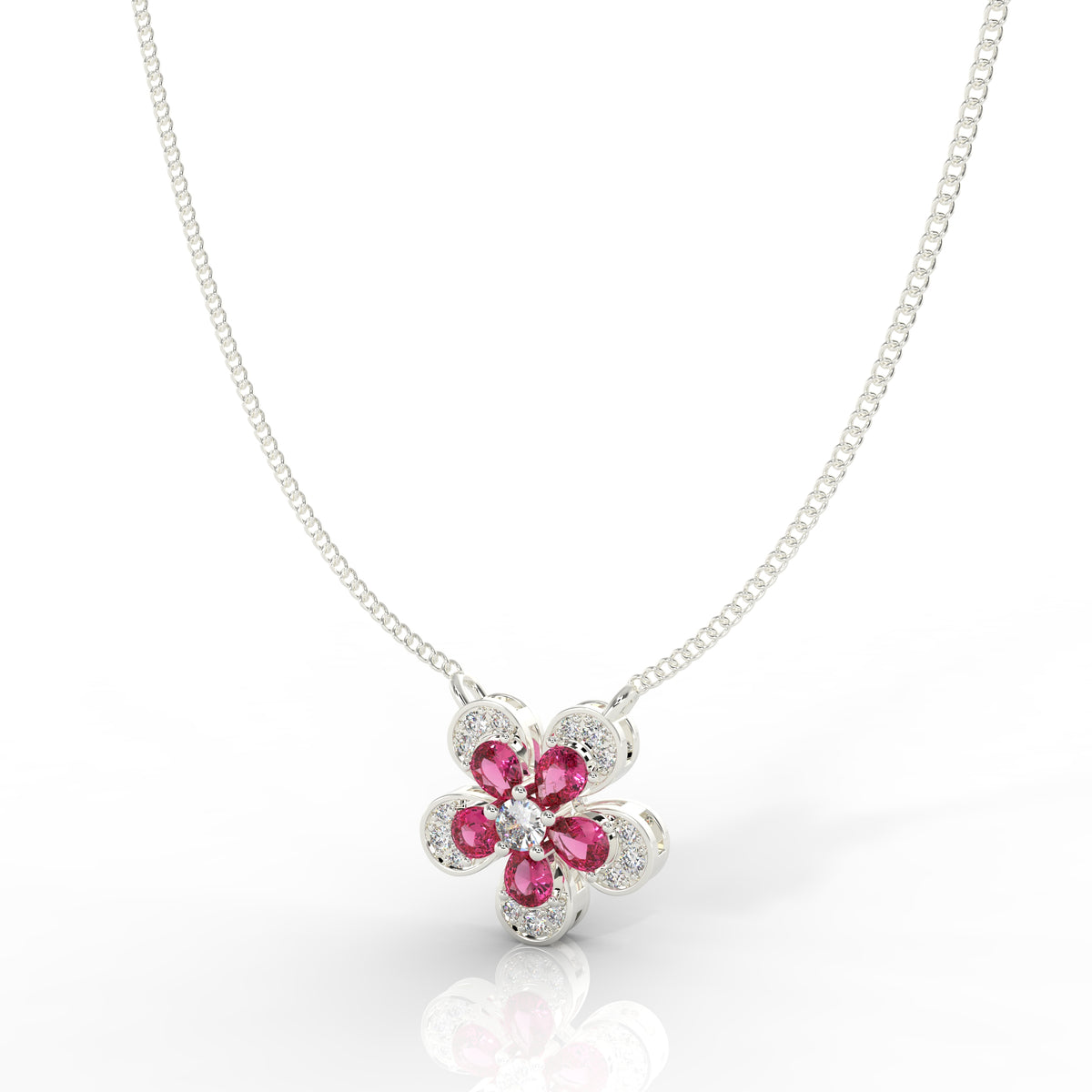 Daisy Flower Ruby Pendant With Chain, Hallmarked 925 Sterling Silver