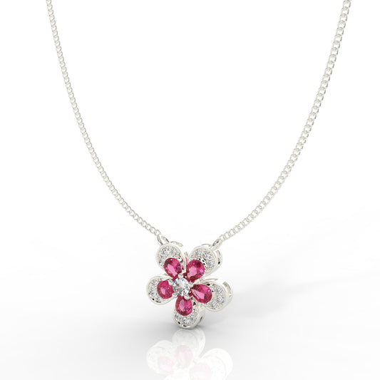 Daisy Flower Ruby Pendant With Chain, Hallmarked 925 Sterling Silver - sitabo