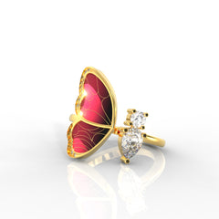 Colorful Butterfly Open Ring – 925 Sterling Silver, Yellow Gold Plated, Red & Black Enamel | Vibrant & Elegant Jewelry for Her